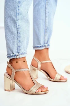 Sandały Damskie Na Słupku Brokatowe Złote Perfecto