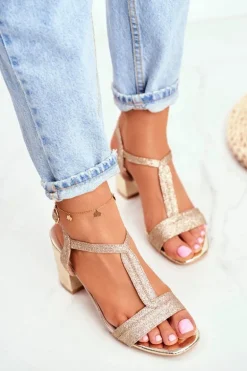 Sandały Damskie Na Słupku Brokatowe Złote Perfecto