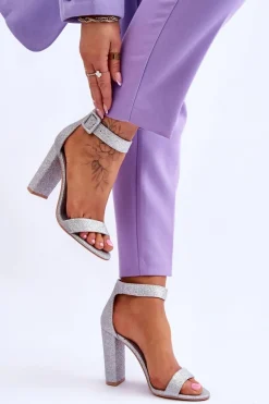 Sandały Damskie Na Słupku Brokat Srebrne Joalice