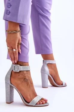 Sandały Damskie Na Słupku Brokat Srebrne Joalice