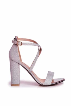 Sandały Damskie Na Słupku Brokatowe Srebrne Vivi