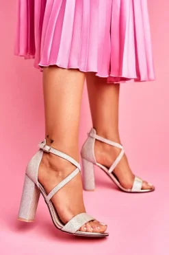 Sandały Damskie Na Słupku Brokatowe Złote Vivi