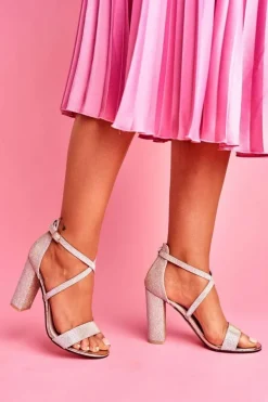 Sandały Damskie Na Słupku Brokatowe Złote Vivi