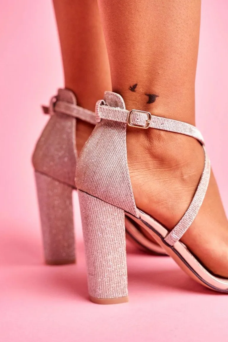 Sandały Damskie Na Słupku Brokatowe Złote Vivi