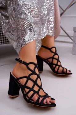 Sandały Damskie Na Słupku Brokatowe Czarne Gete