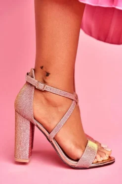 Sandały Damskie Na Słupku Brokatowe Champagne Vivi