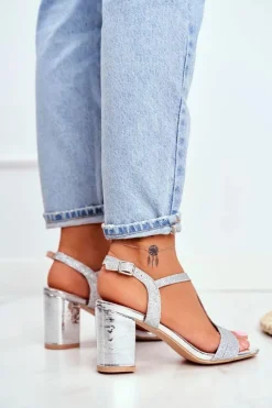 Sandały Damskie Na Słupku Brokatowe Srebrne Perfecto