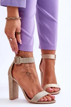 Sandały Damskie Na Słupku Ciemny Złoty Brokat Joalice