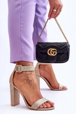 Sandały Damskie Na Słupku Ciemny Złoty Brokat Joalice