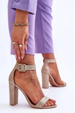 Sandały Damskie Na Słupku Ciemny Złoty Brokat Joalice