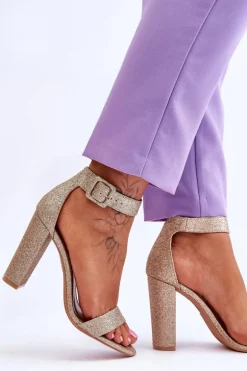 Sandały Damskie Na Słupku Ciemny Złoty Brokat Joalice