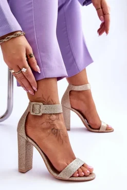 Sandały Damskie Na Słupku Ciemny Złoty Brokat Joalice