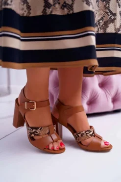 Sandały Damskie Na Słupku Eleganckie Camel Stephani
