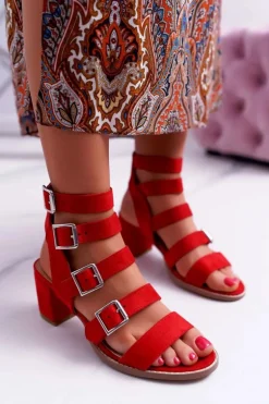 Sandały Damskie Na Słupku Gladiatorki Zamsz Czerwone Nella