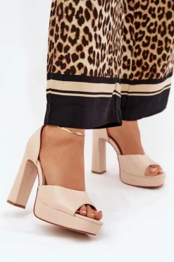 Sandały Damskie Na Słupku I Platformie Eko Skórzane Beżowe Lomman