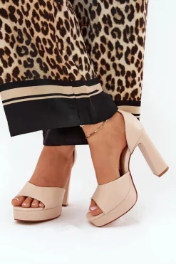 Sandały Damskie Na Słupku I Platformie Eko Skórzane Beżowe Lomman
