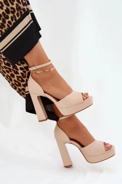 Sandały Damskie Na Słupku I Platformie Eko Skórzane Beżowe Lomman