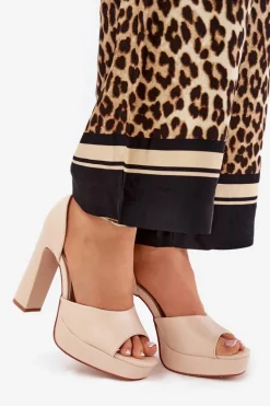 Sandały Damskie Na Słupku I Platformie Eko Skórzane Beżowe Lomman