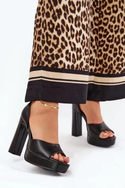 Sandały Damskie Na Słupku I Platformie Eko Skórzane Czarne Lomman