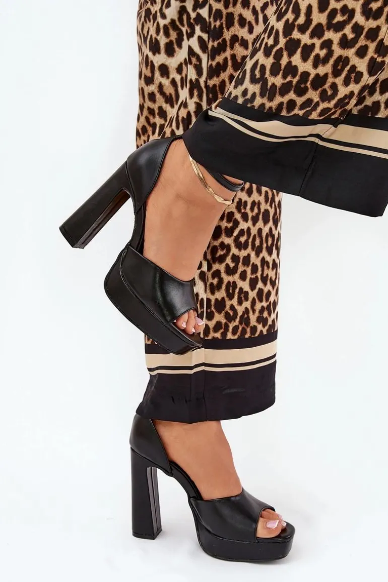 Sandały Damskie Na Słupku I Platformie Eko Skórzane Czarne Lomman