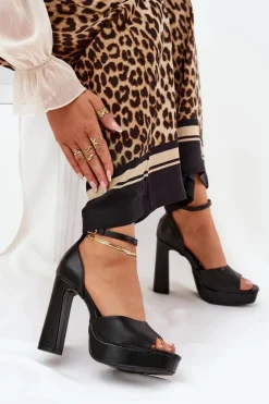 Sandały Damskie Na Słupku I Platformie Eko Skórzane Czarne Lomman