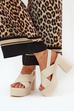 Sandały Damskie Na Słupku I Platformie Z Eko Skóry Jasnobeżowe Annavin