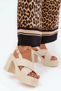 Sandały Damskie Na Słupku I Platformie Z Eko Skóry Jasnobeżowe Annavin