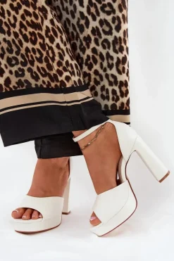 Sandały Damskie Na Słupku I Platformie Eko Skórzane Białe Lomman