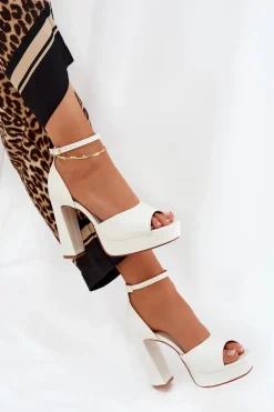 Sandały Damskie Na Słupku I Platformie Eko Skórzane Białe Lomman