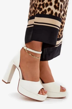 Sandały Damskie Na Słupku I Platformie Eko Skórzane Białe Lomman