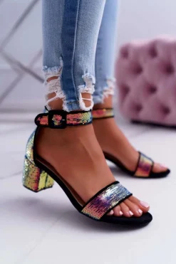 Sandały Damskie Na Słupku Lu Boo Opalizujące Cekiny Czarne Tindal