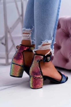 Sandały Damskie Na Słupku Lu Boo Opalizujące Cekiny Czarne Tindal