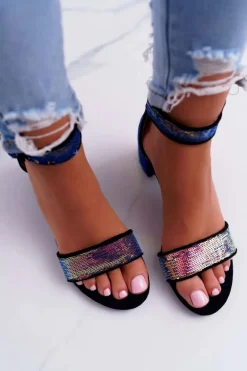 Sandały Damskie Na Słupku Lu Boo Opalizujące Cekiny Czarne Tindal