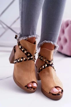 Sandały Damskie Na Słupku Lu Boo Z Cholewką Camel 318-30 Fiode