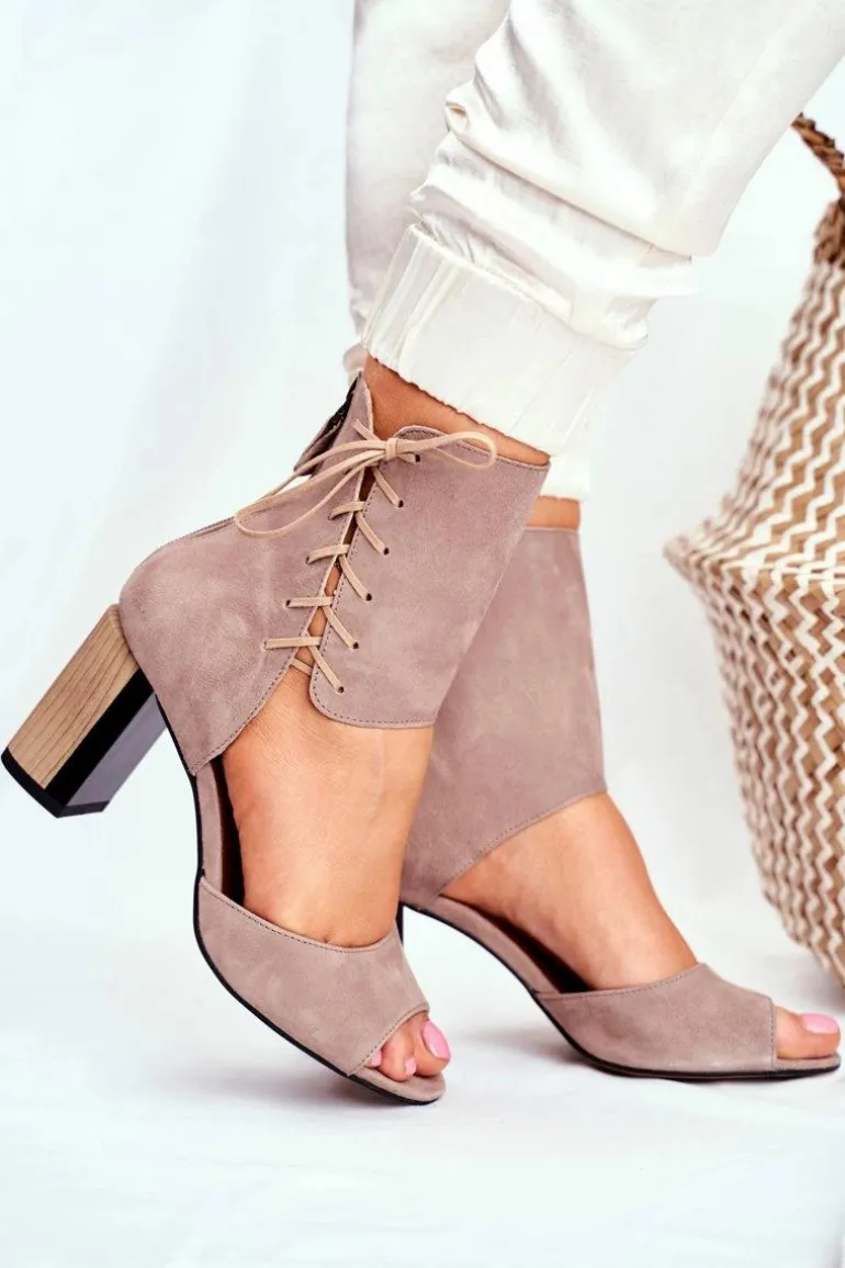 Sandały Damskie Na Słupku Maciejka Beżowe Zamszowe 04122-04