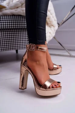 Sandały Damskie Na Słupku Platforma Różowe Złoto Huran