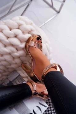 Sandały Damskie Na Słupku Platforma Różowe Złoto Huran