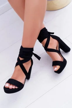 Sandały Damskie Na Słupku Platforma Wiązane Czarne LaFiesta