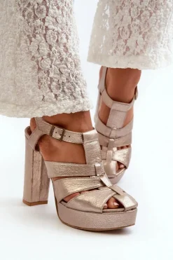 Sandały Damskie Na Słupku Skórzane Maciejka 06050-25 Złote