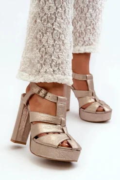 Sandały Damskie Na Słupku Skórzane Maciejka 06050-25 Złote