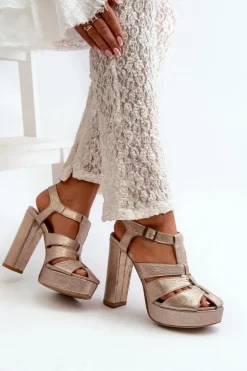 Sandały Damskie Na Słupku Skórzane Maciejka 06050-25 Złote