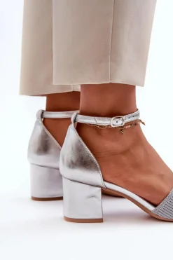 Sandały Damskie Na Słupku Srebrne Desvia