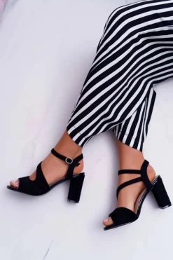 Sandały Damskie Na Słupku Sergio Leone SK868 Zamszowe Czarne Mersi