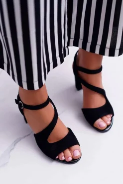 Sandały Damskie Na Słupku Sergio Leone SK868 Zamszowe Czarne Mersi