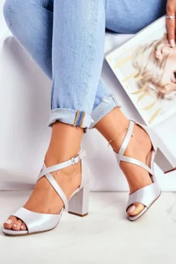 Sandały Damskie Na Słupku Sergio Leone Srebrna Perła SK865