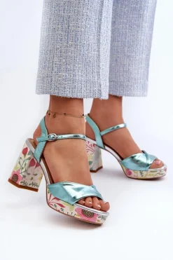 Sandały Damskie Na Słupku W Kwiaty D&A CR980 Błękitne