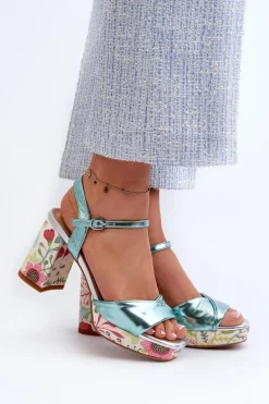 Sandały Damskie Na Słupku W Kwiaty D&A CR980 Błękitne