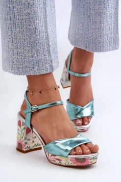 Sandały Damskie Na Słupku W Kwiaty D&A CR980 Błękitne