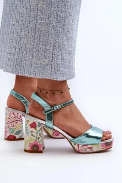 Sandały Damskie Na Słupku W Kwiaty D&A CR980 Błękitne
