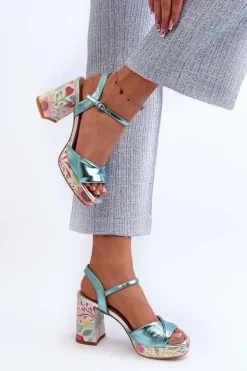Sandały Damskie Na Słupku W Kwiaty D&A CR980 Błękitne